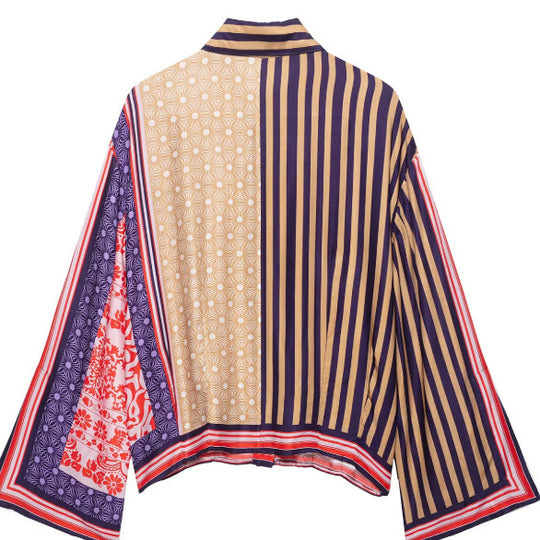 Damen Gemusterte Patchwork‑Bluse mit weitem Glockenärmel und Hemdkragen Nord Taschen