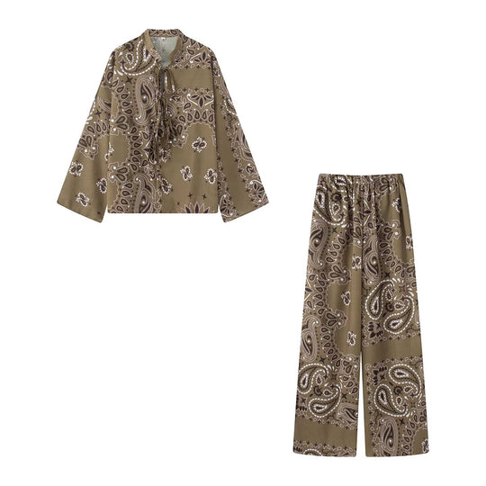 Damen Zweiteiliges Satinoptik-Lounge-Set mit Paisley-Print, Kimonokragen-Bluse und weiter Culotte-Hose Nord Taschen
