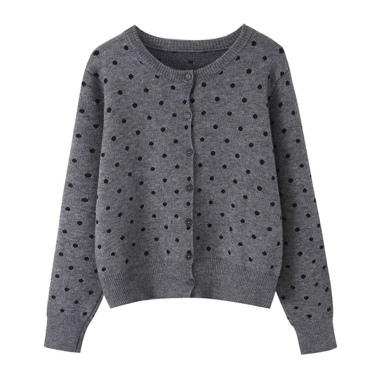 Damen Kurz geschnittene fein gestrickte Cardigan mit Rundhalsausschnitt, Knopfleiste und Allover‑Punktmuster Nord Taschen