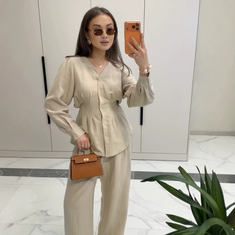 Damen V-Ausschnitt Blusen- und Culotte-Set mit Taillenfalten und weiten Beinen Nord Taschen