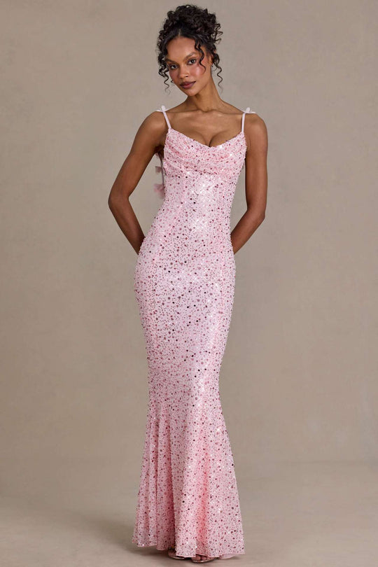 Damen elegantes Pailletten-Maxi-Kleid mit schickem Wasserfallausschnitt und figurbetonter Silhouette Nord Taschen