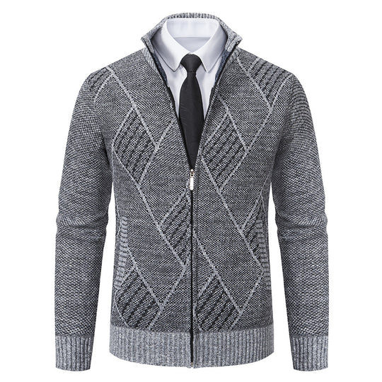 Herren Feinstrick-Zipjacke mit strukturierter Rautenoptik, Stehkragen und durchgehendem Reißverschluss Nord Taschen