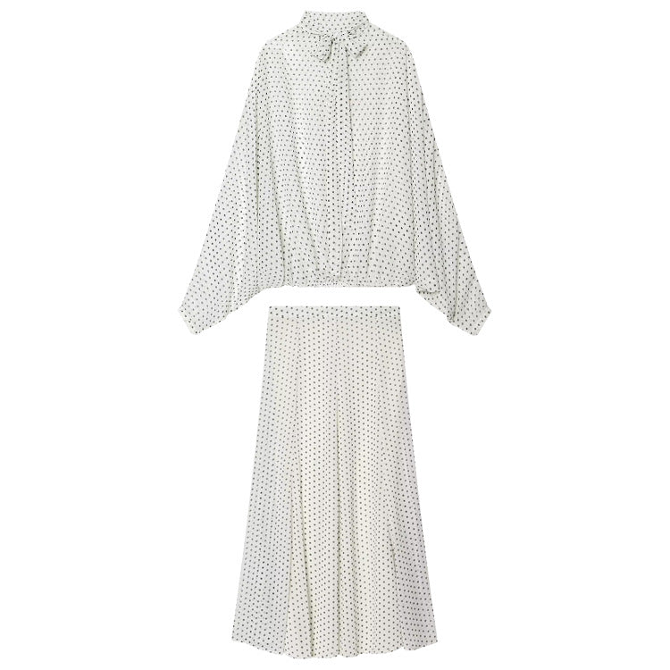 Damen Zweiteiliges Set aus leichtem Chiffon mit weitem Midirock und Ballonärmel-Bluse mit Schleifenkragen Nord Taschen