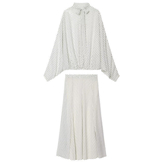Damen Zweiteiliges Set aus leichtem Chiffon mit weitem Midirock und Ballonärmel-Bluse mit Schleifenkragen Nord Taschen