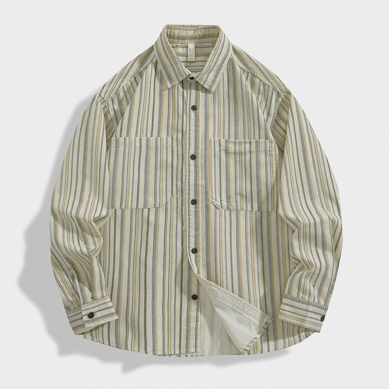 Herren Gestreiftes Overshirt-Hemd aus Baumwoll-Leinen mit Brusttaschen Nord Taschen