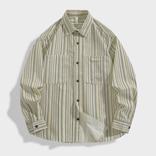 Herren Gestreiftes Overshirt-Hemd aus Baumwoll-Leinen mit Brusttaschen Nord Taschen