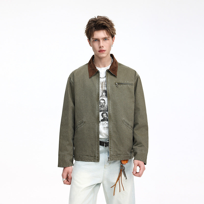 Herren Freizeitjacke aus gewaschenem Baumwollcanvas mit Cordkragen und Reißverschluss-Tasche Nord Taschen