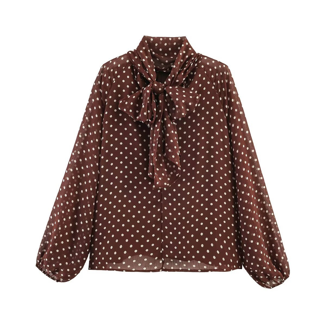 Damen 50+ seidenähnliche Polka‑Dot Schlupfbluse mit Schleifenkragen und Ballonärmeln Nord Taschen
