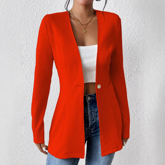 Damen Taillierter Longblazer mit V-Ausschnitt und Ein-Knopf-Verschluss Nord Taschen