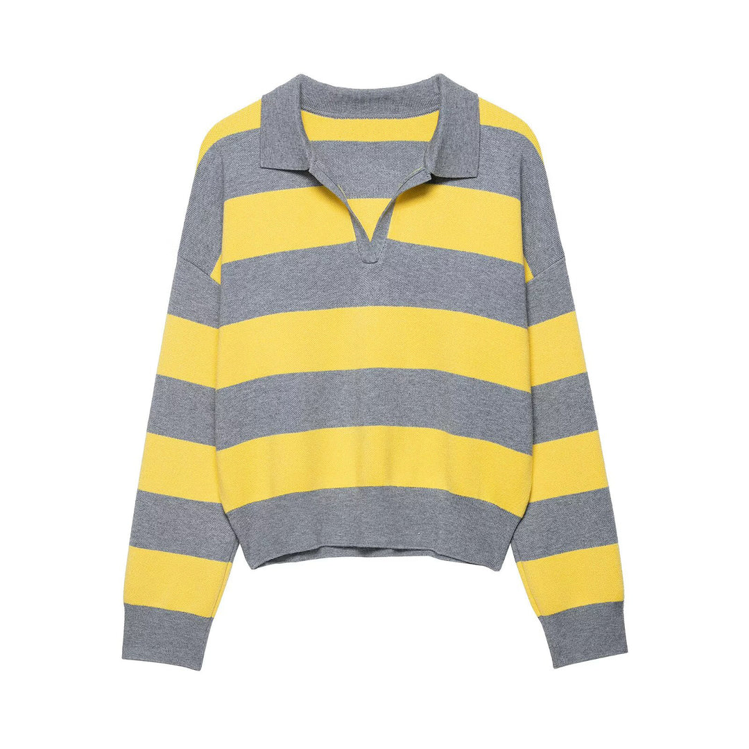 Damen Gestreifter Rugby-Polo-Pullover mit V-Notch und Cropped-Saum Nord Taschen