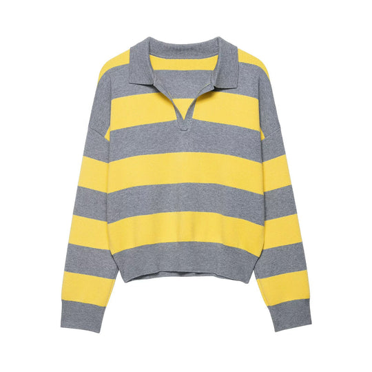 Damen Gestreifter Rugby-Polo-Pullover mit V-Notch und Cropped-Saum Nord Taschen