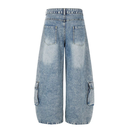 Damen Hochgeschnittene weite Cargo-Palazzo-Jeans mit großen aufgesetzten Taschen und Vintage-Waschung Nord Taschen