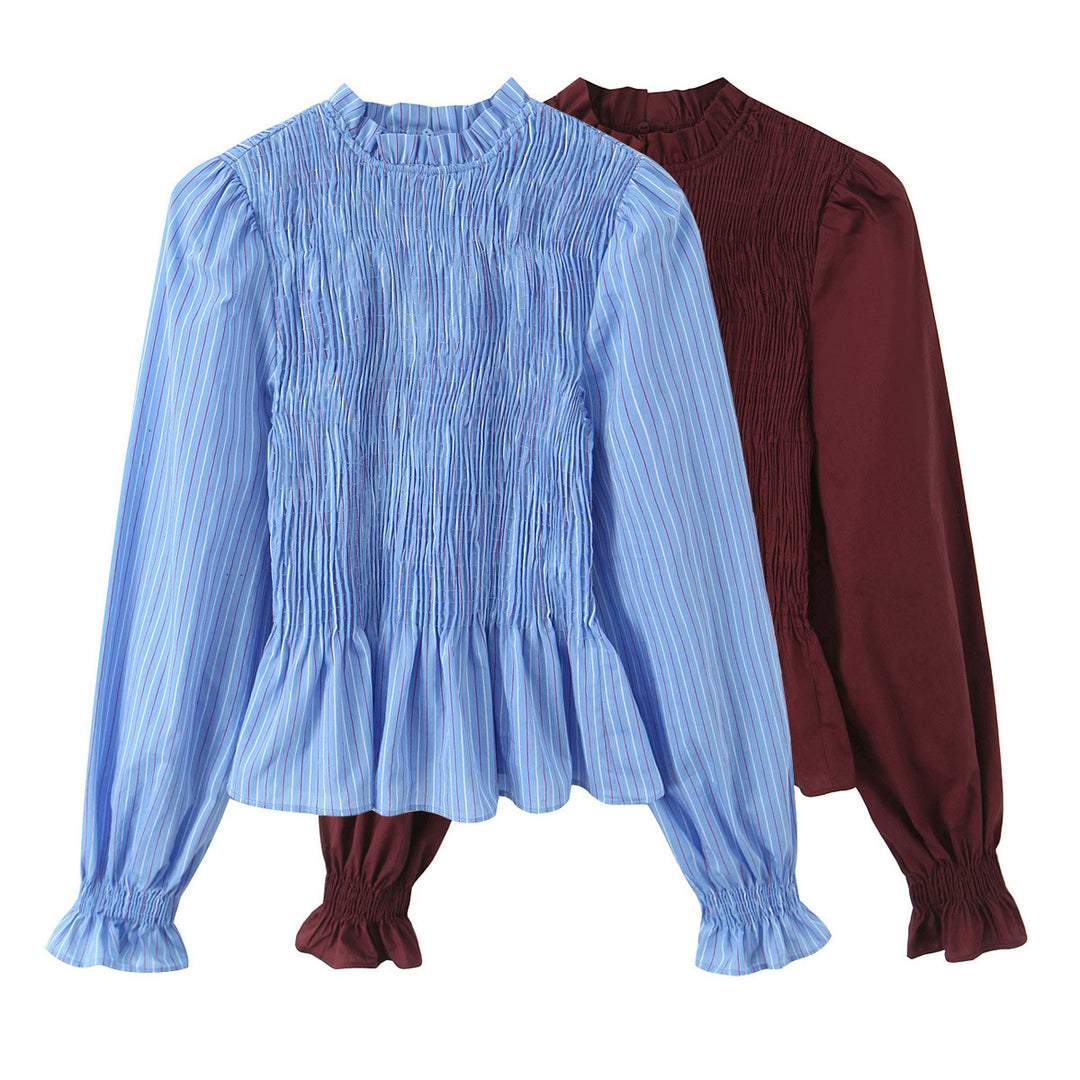 Damen Langärmlige Smockbluse mit Stehkragen und Volantsaum Nord Taschen