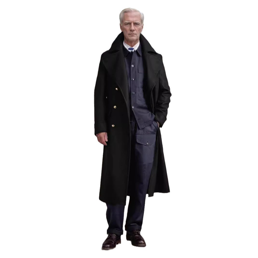 Herren Longline-Mantel im Military‑Look mit breitem Schalkragen und markanten Zierknöpfen Nord Taschen