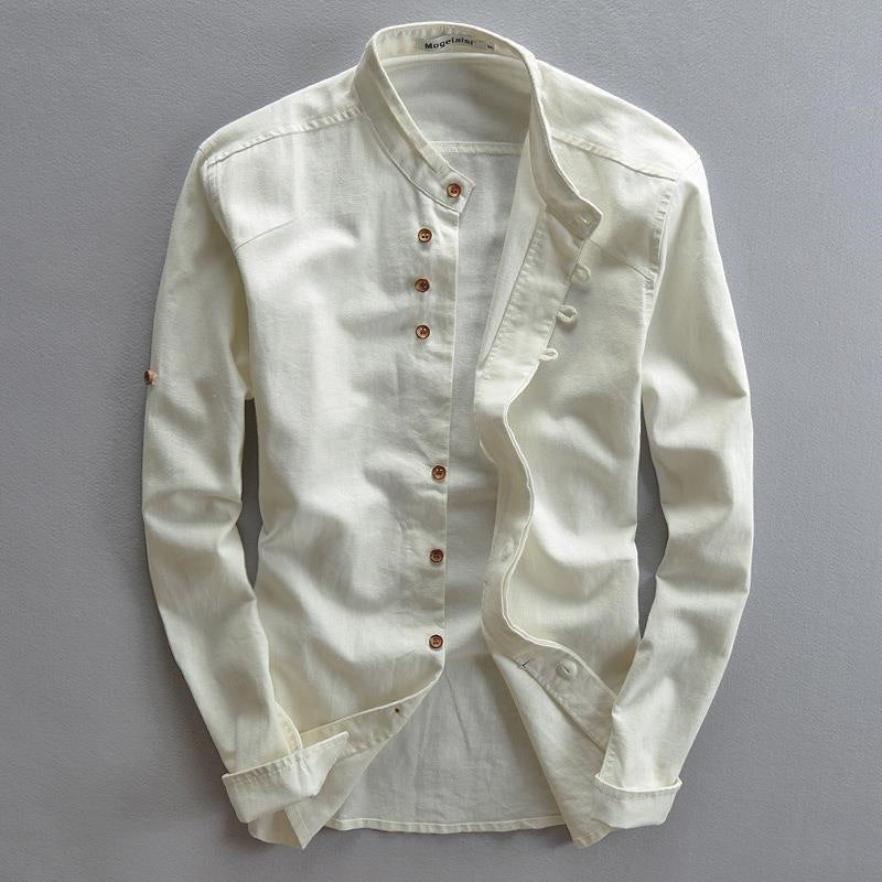 Herren Leichtes Baumwoll-Leinen Overshirt mit Stehkragen und Knopfleisten-Detail Nord Taschen