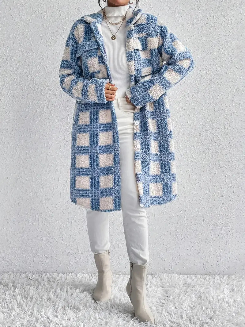 Damen Teddy-Mantel mit großem Karomuster, Hemdkragen und Knopfverschluss Nord Taschen