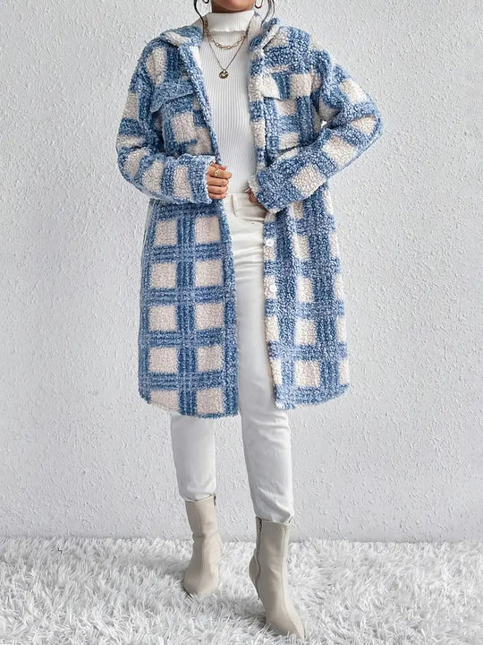 Damen Teddy-Mantel mit großem Karomuster, Hemdkragen und Knopfverschluss Nord Taschen
