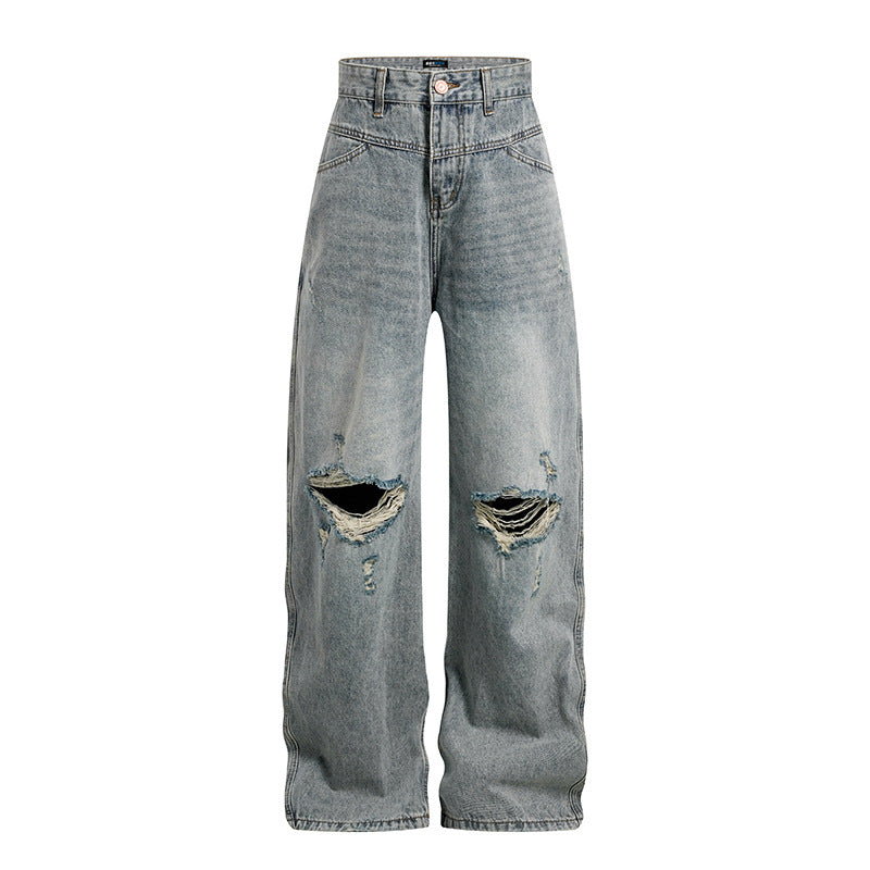 Damen Weite hochgeschnittene Palazzo-Jeans mit Destroyed-Kniepartie Nord Taschen