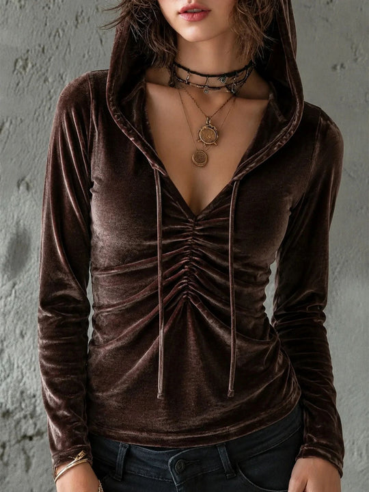 Damen Samt-Hoodie-Shirt mit geraffter V‑Ausschnitt‑Front Nord Taschen