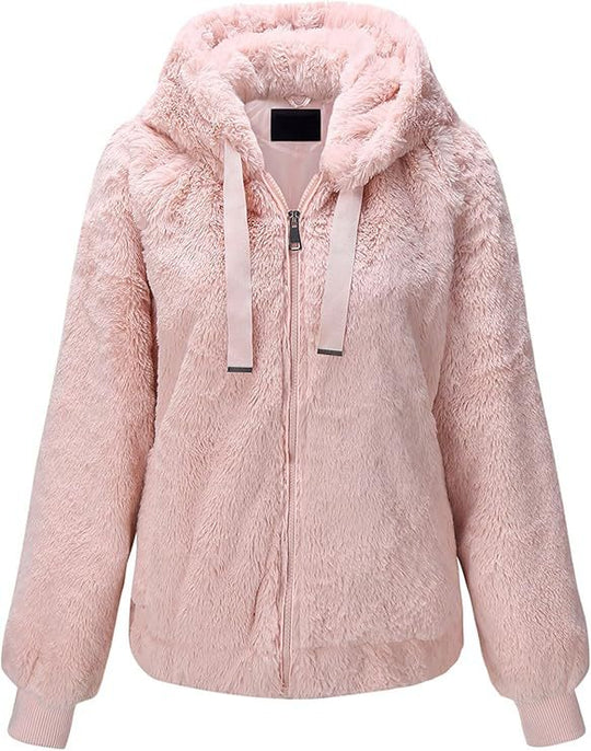 Damen Kapuzen‑Teddyjacke aus weichem Faux‑Fur mit Reißverschluss und Rippbündchen Nord Taschen