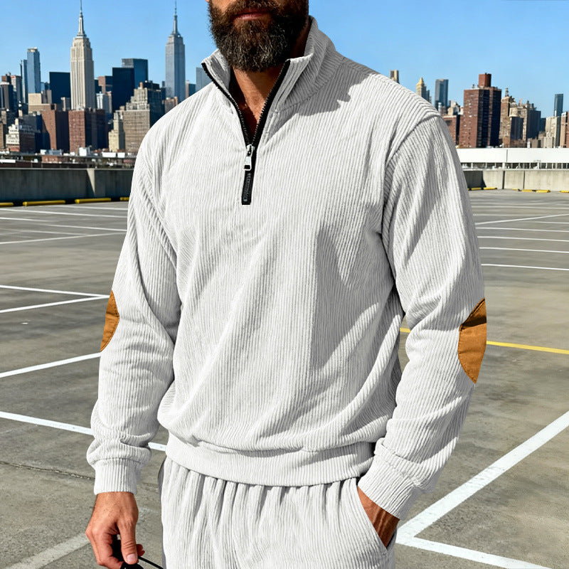 Herren Cord-Struktur-Halbzip-Pullover im Relaxed-Fit mit Stehkragen und Ellbogen-Patch Nord Taschen