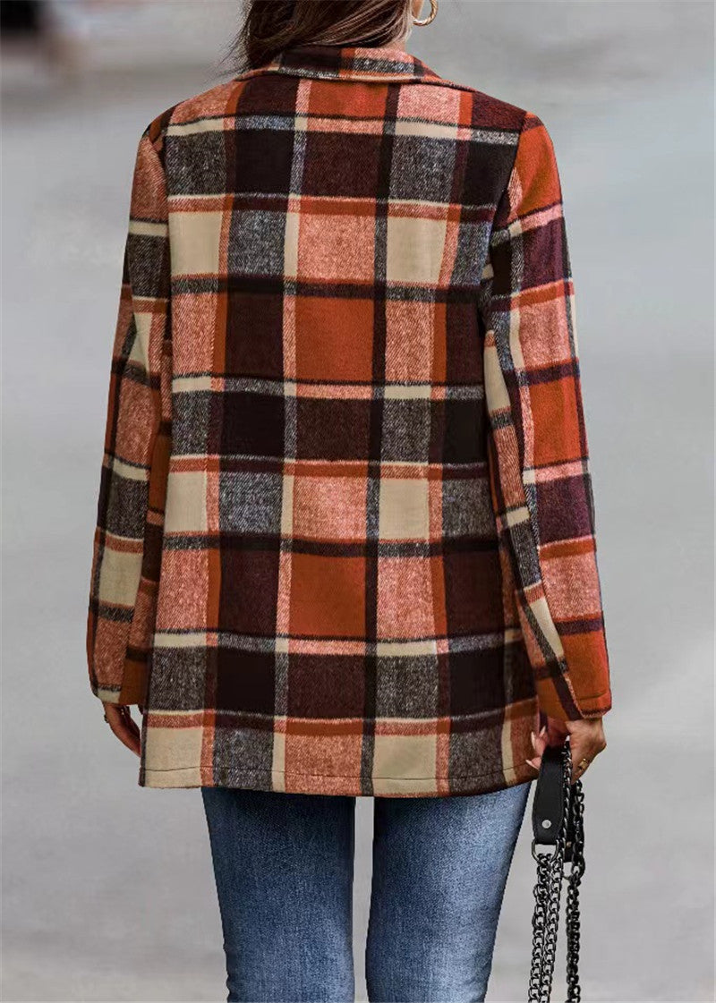 Damen Kariertes Longblazer‑Shacket ohne Kragen, offen geschnitten Nord Taschen