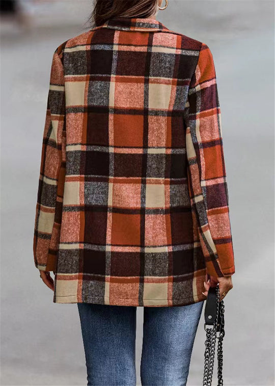 Damen Kariertes Longblazer‑Shacket ohne Kragen, offen geschnitten Nord Taschen