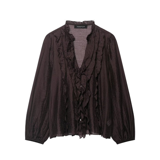 Damen Transparente Crinkle-Bluse mit Volantkragen, Rüschenfront und Ballonärmeln Nord Taschen
