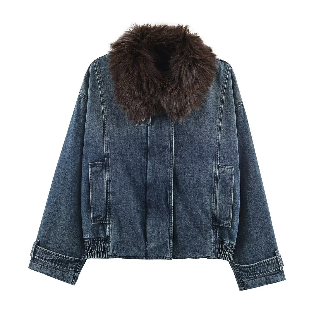 Damen Oversize-Jeansjacke mit voluminösem Kunstpelzkragen und elastischem Saum Nord Taschen