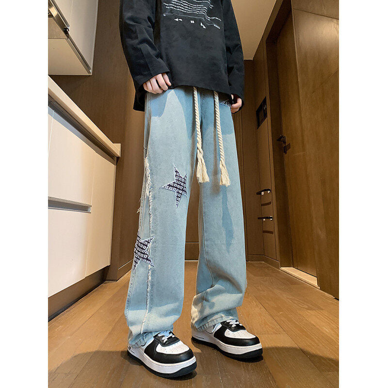Damen Weite High‑Waist Denimhose mit Stern‑Applikationen, Fransen‑Seitenschlitzen und Kordelbund Nord Taschen