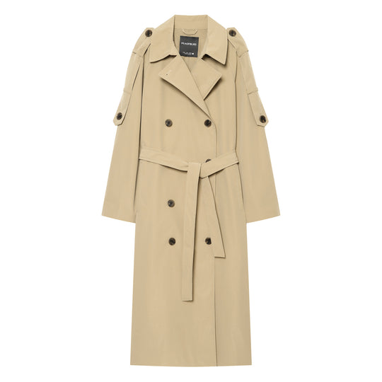 Damen Lange klassische Zweireiher‑Trench mit Bindegürtel und Ärmelriegel Nord Taschen