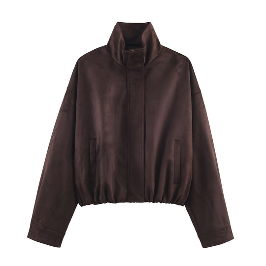 Damen Oversize Veloursjacke mit hohem Stehkragen und elastischem Saum Nord Taschen