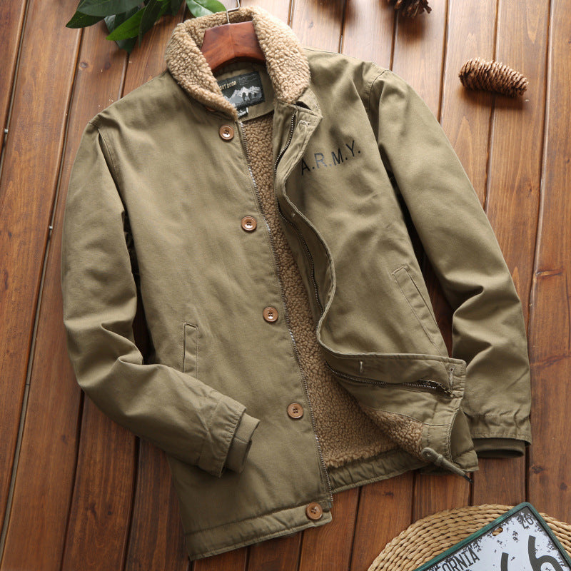 Herren Vintage-inspirierter Canvas-Fliegerblouson mit voluminösem Sherpa-Futter, zweifacher Frontöffnung und verstärkten Taschen Nord Taschen