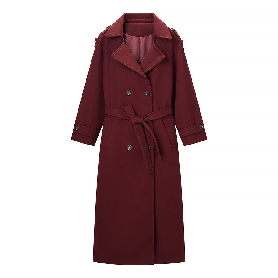 Damen Maxilanger Wollmix-Trenchcoat mit Schulterpasse, Bindegürtel und Krempelärmeln Nord Taschen