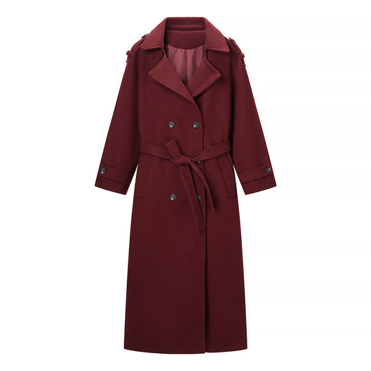 Damen Maxilanger Wollmix-Trenchcoat mit Schulterpasse, Bindegürtel und Krempelärmeln Nord Taschen