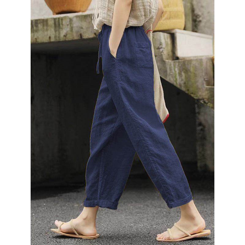 Damen lässige Leinenhose mit elastischem Bund und seitlichen Taschen Nord Taschen