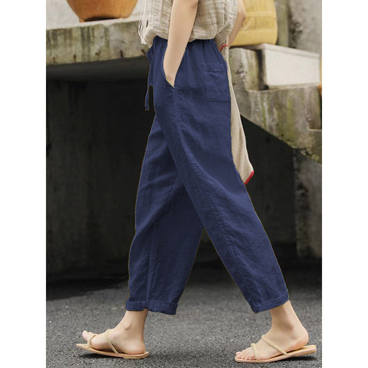 Damen lässige Leinenhose mit elastischem Bund und seitlichen Taschen Nord Taschen
