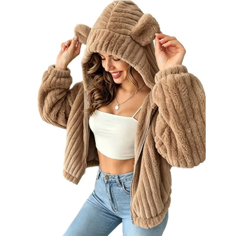 Damen Kuschelige Teddy-Kapuzenjacke mit Plüschstruktur und Kapuzenohren Nord Taschen