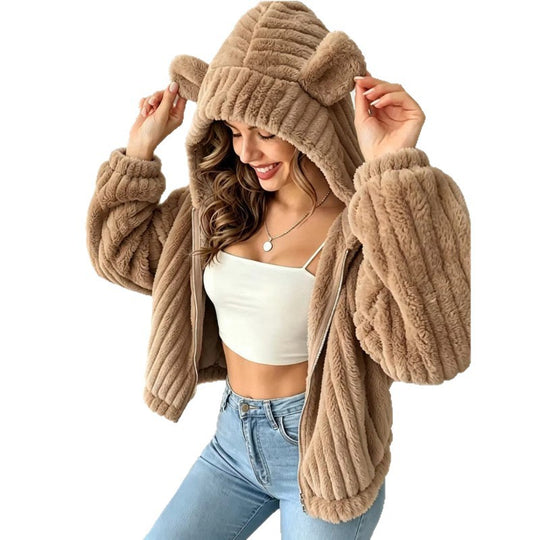 Damen Kuschelige Teddy-Kapuzenjacke mit Plüschstruktur und Kapuzenohren Nord Taschen