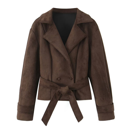 Damen Kurze Taillierte Velours‑Suede‑Jacke mit Bindegürtel und Reverskragen Nord Taschen