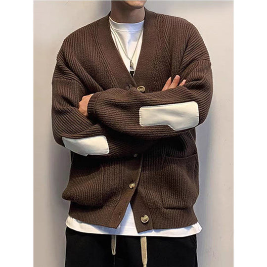 Herren Oversized Strickcardigan mit Ellenbogen-Patches und aufgesetzten Taschen Nord Taschen