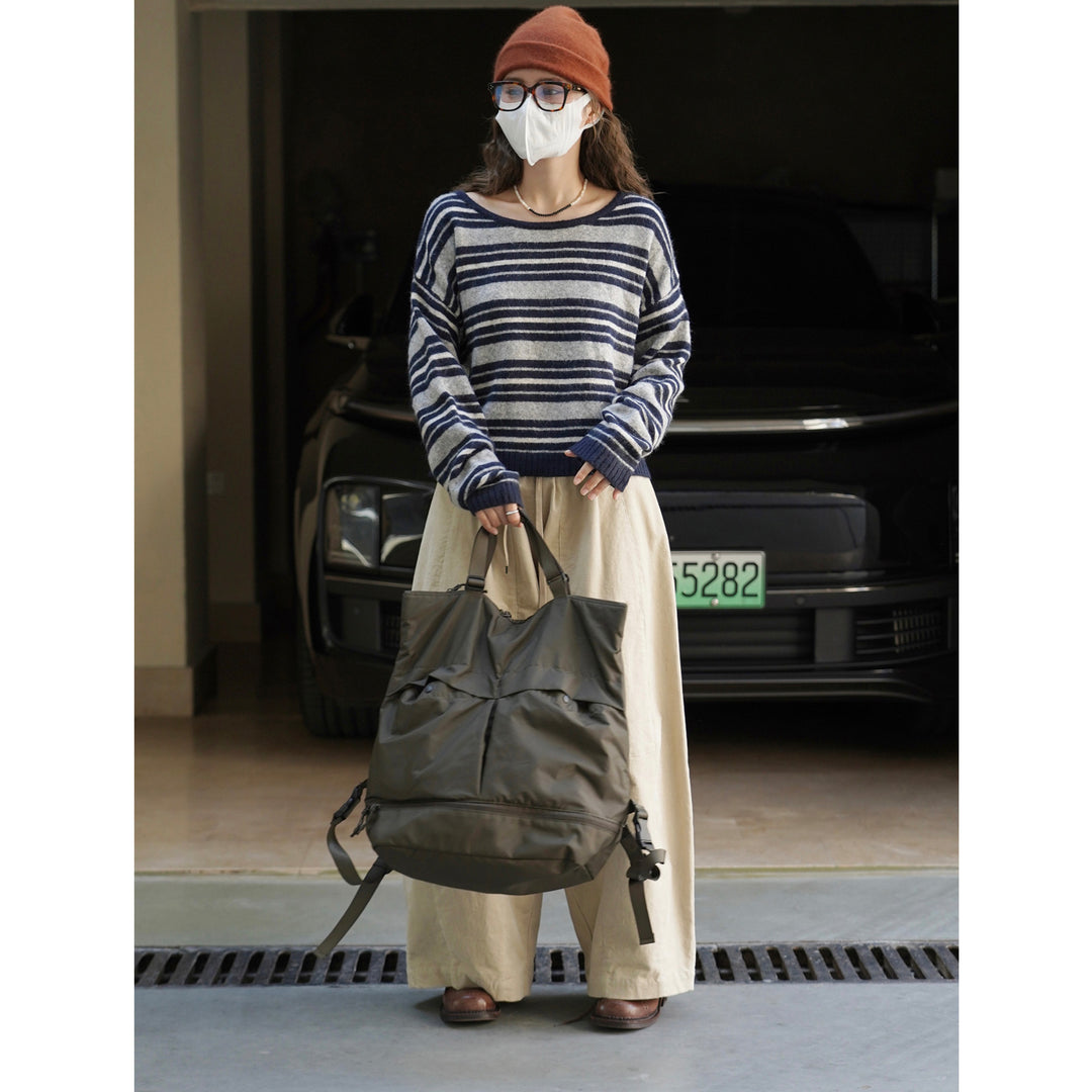 Damen Weicher Oversize-Streifenpullover mit U-Boot-Ausschnitt und Flauschoptik Nord Taschen