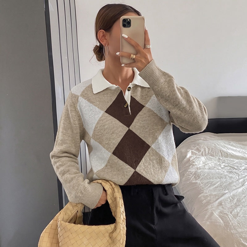 Damen Argyle-Polo-Strickpullover mit kontrastkragen und Zierknopf Nord Taschen