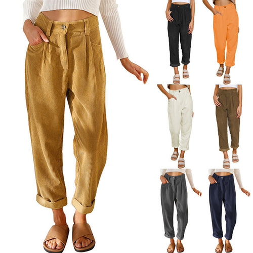 Damen lässige Cordhose mit hoher Taille, lockerer Tapered-Passform und umgeschlagenem Saum Nord Taschen