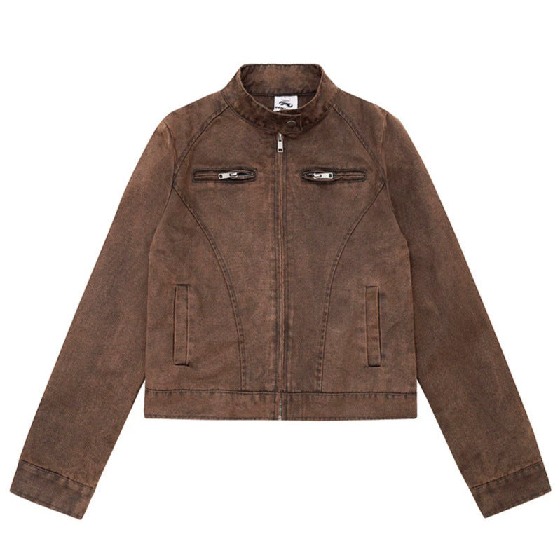 Damen kurze Bikerjacke aus Vintage‑Lederoptik mit Stehkragen und Brustzipper Nord Taschen
