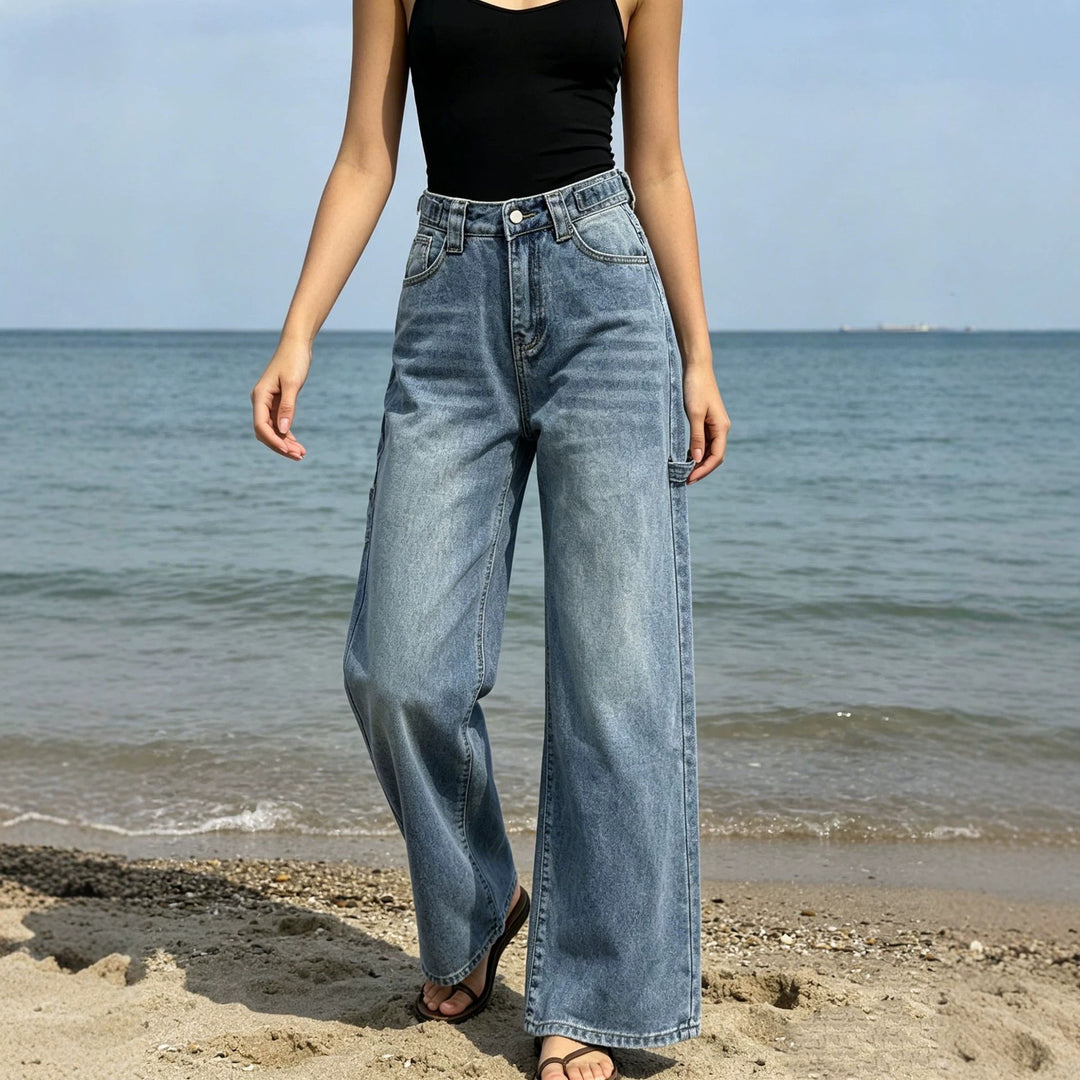 Damen weite High‑Waist Carpenter-Denimhose mit Utility-Seitentasche und ausgestelltem Bein Nord Taschen