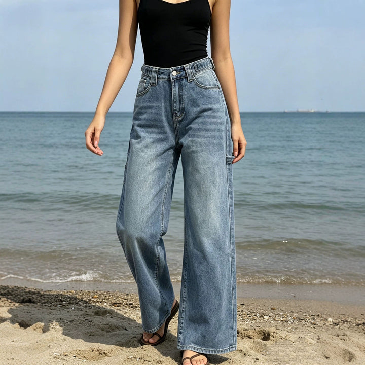 Damen weite High‑Waist Carpenter-Denimhose mit Utility-Seitentasche und ausgestelltem Bein Nord Taschen
