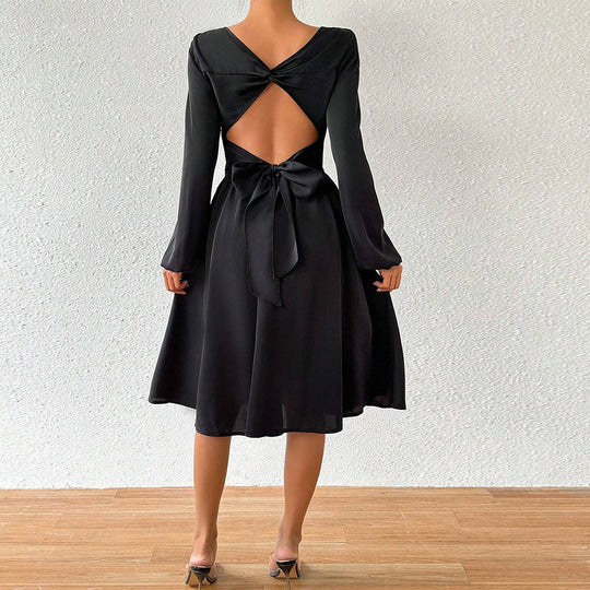 Damen elegantes Midikleid mit taillierter Korsagenoptik ausgestelltem A-Linien-Rock und langen ausgestellten Ärmeln Nord Taschen