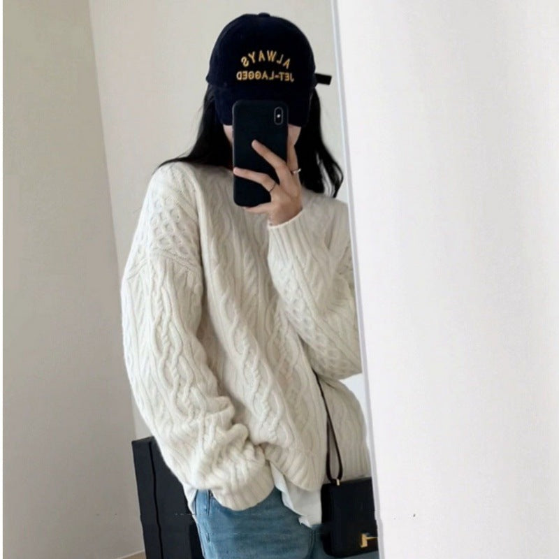 Damen Oversize Zopfmuster‑Pullover mit Rundhalsausschnitt und lässiger Schulterpartie Nord Taschen