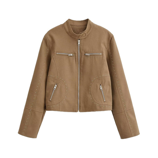 Damen Kurzblouson im Velourslook mit Stehkragen, Reißverschluss und Ziernieten Nord Taschen